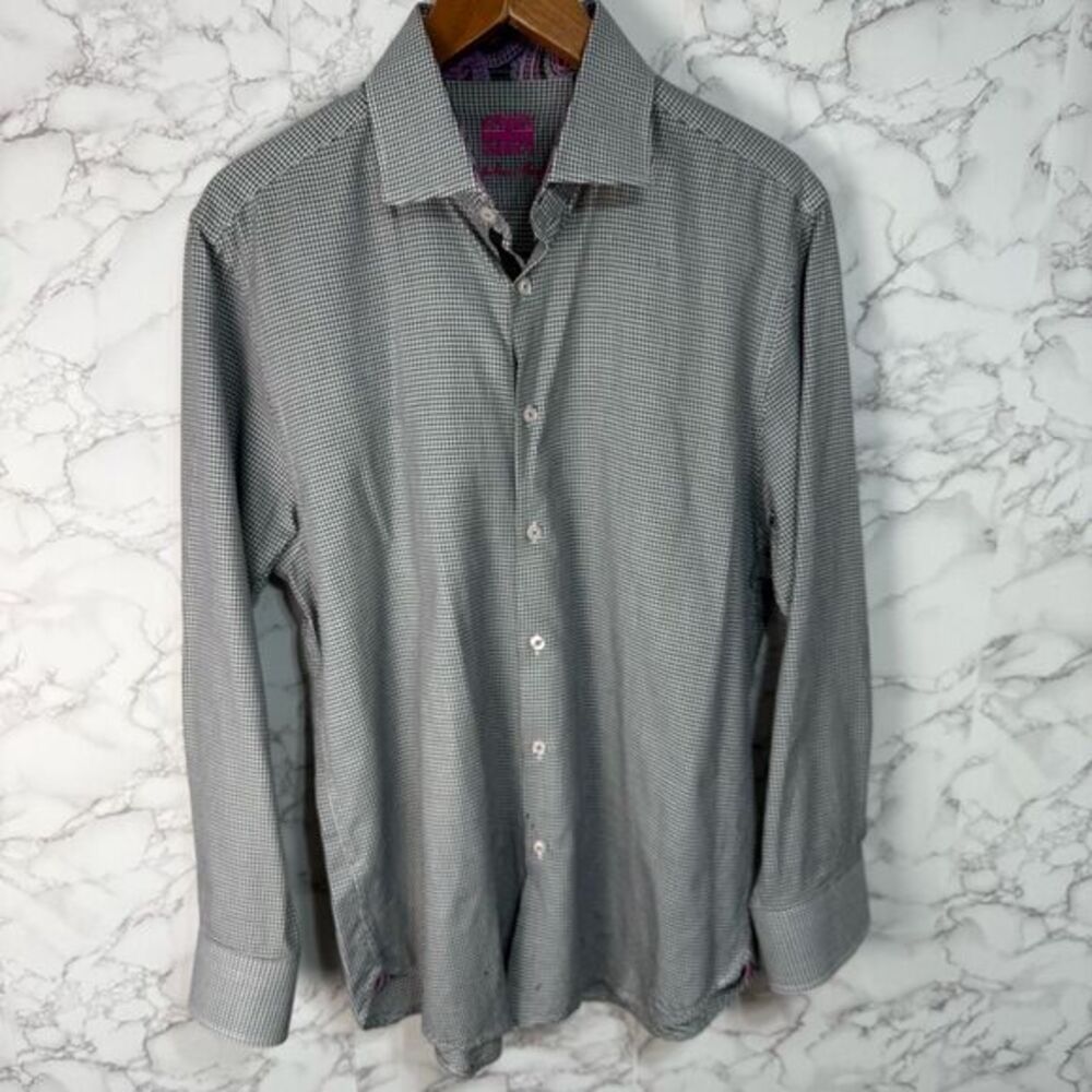 Men’s Shirt sz L Michelsons Slim-Fit White Black Long-Sleeve Button Check Dress